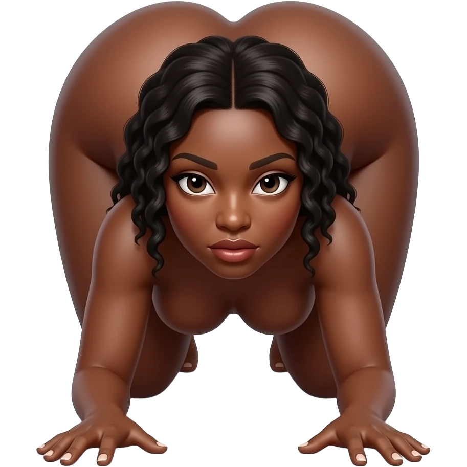 Coloca a la mujer afroamericana de frente, desnuda, mirada sexy de la mujer, se muerde los labios, de rodillas en el suelo, forma de cuatro patas, culo levantado hacia atrás, culo más alto que la cabeza, culo enorme, con los brazos estirados hacia delante, vista frontal emoji