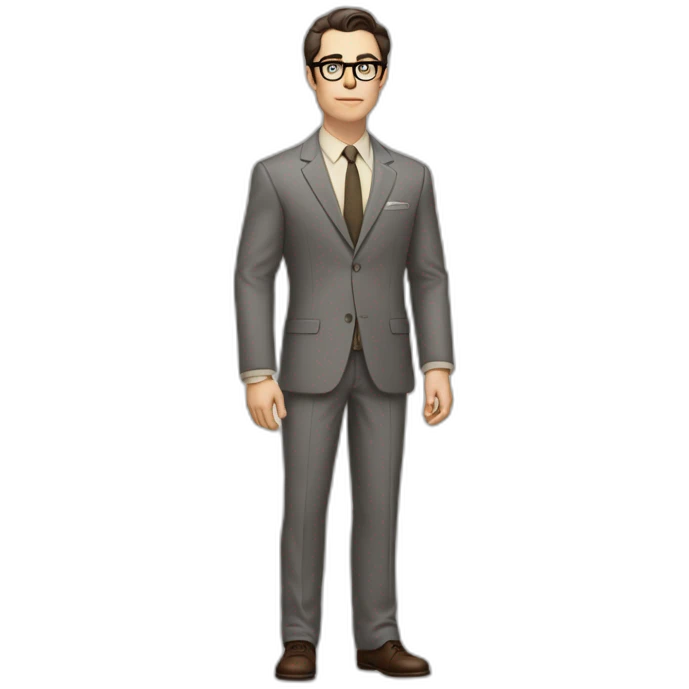 Full height Pale skinned Fit Man With dark brown hair in classic gray suit, beige office shirt, dark gray tie, and vintage glasses. Thrumbs of his palms directed up emoji