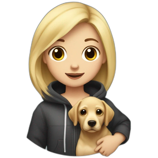 A blonde girl with smooth hair and a ray in the middle of his hair, she has light skin a few freckles, and she wear a hoodies and she Carries in his arms a baby black labrador dog  emoji