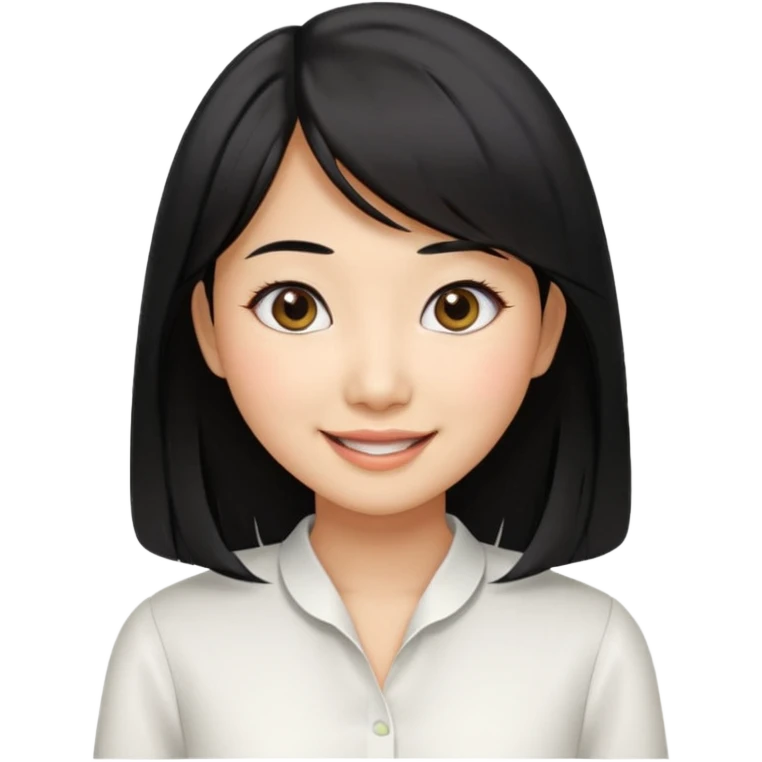 30 yr old asian woman center parted hair big eyes big smile tanned skin straight black hair hippie part hair white blouse shoulder length hair middle parted hair few short bangs at front emoji