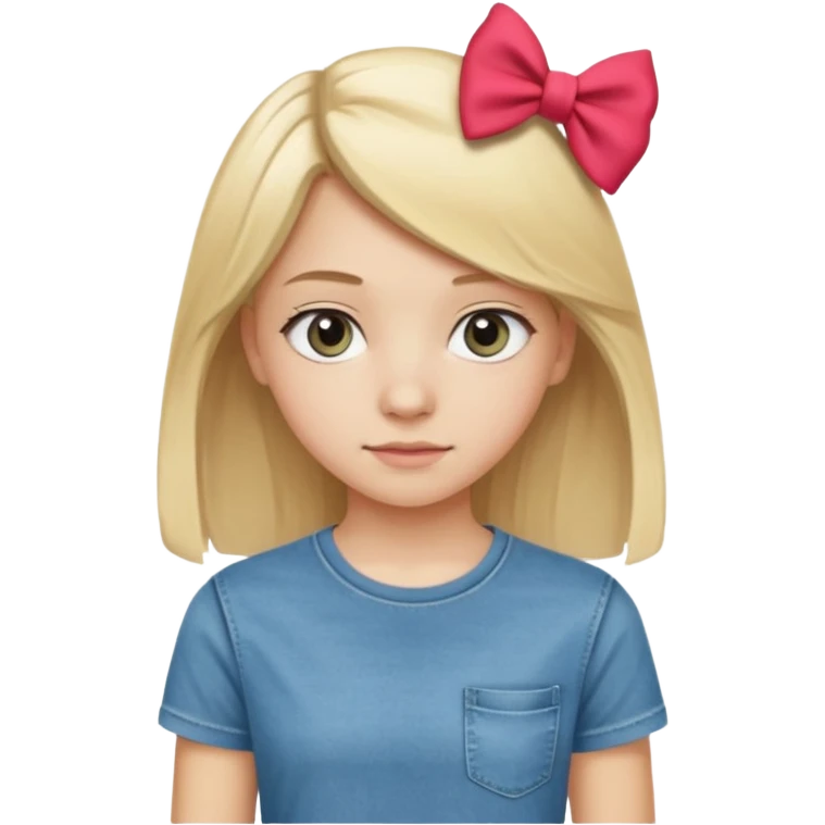 14 years old girl, with blonde hair, grey eyes. Wearing t-shirt and jeans. Wearing a bow emoji