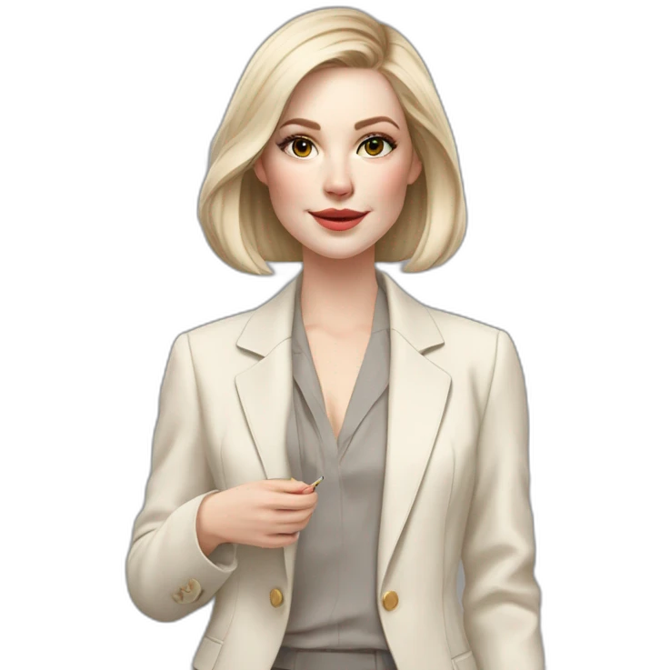pale skin woman with ash blonde Straightened bob Hair, White Spacious classical jacket, beige palazzo Arrow pants and gray blouse holding a color palette in the hands emoji