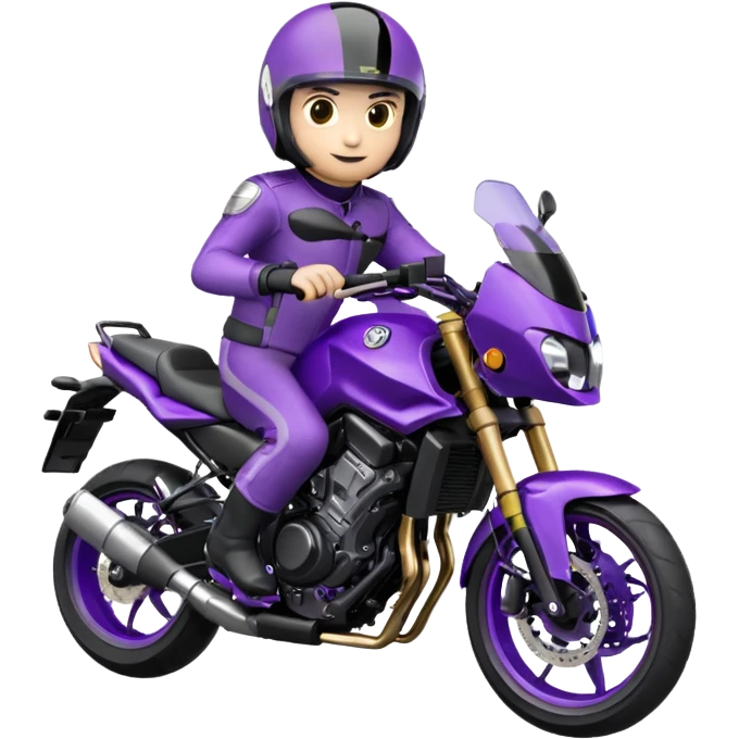 Créer un emoji avec une moto mt07 sport noir mate / violet iridescent très foncé, pare-brise de la moto violet. Avec une pilote dessus, visage complet caché  par la visière violette . Avec en arrière plan cercle violet. emoji