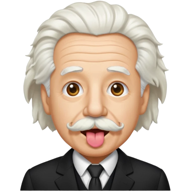 Einstein sticking his tongue out, simplified emoji style, white hair, mustache, suit emoji