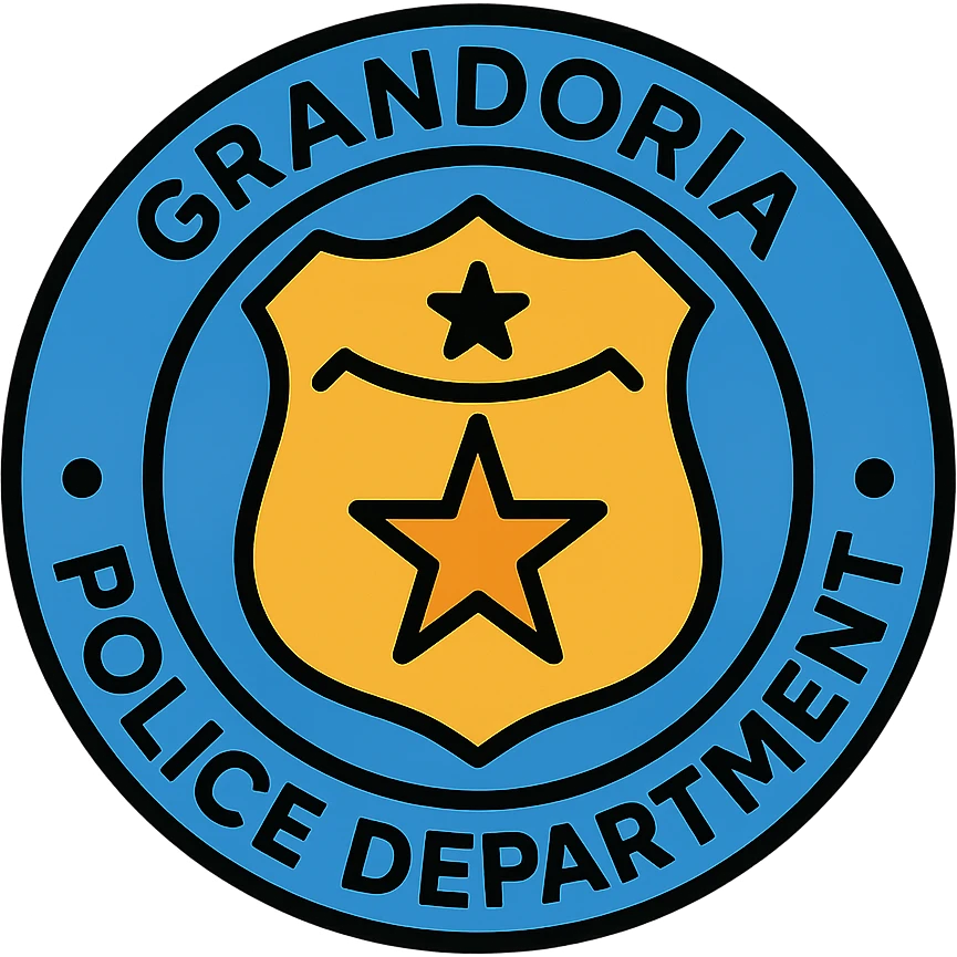circular police logo with text 'GRANDORİA POLİCE DEPARTMENT', classic police badge elements, bold and official look, suitable for police department emblem, detailed lineal color icon style emoji