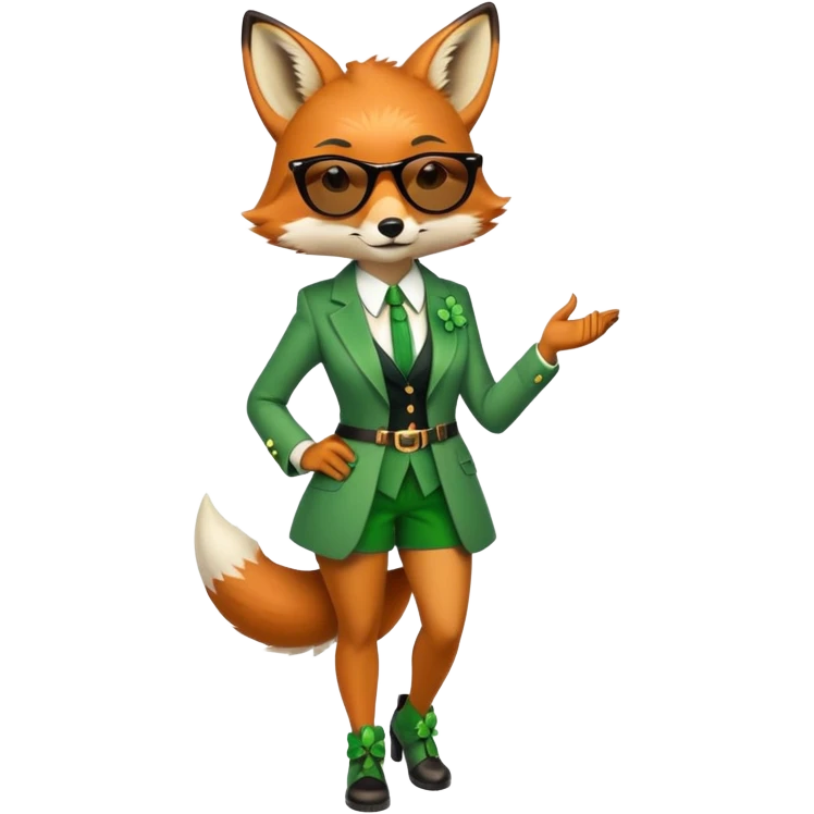 serious anthropomorphised female fox in stylish St. Patrick's Day outfit with sunglasses, walking with confidence, full-body view emoji
