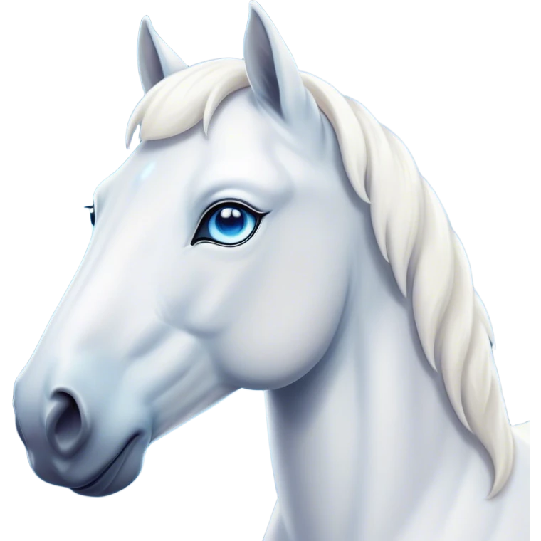 Cinematic Noble White Horse Portrait Emoji, Poised and regal, with a strong, athletic build and a pristine, well-groomed pure white fur, deep-set soulful blue eyes, Simplified yet sharp and sophisticated features, highly detailed, glowing with a soft, dignified glow, high shine, intelligent and majestic, stylized with an air of ethereal grace, focused and attentive, soft glowing outline, capturing the essence of a watchful and confident steed, so majestic it feels as though it could gallop out of the screen with effortless authority! emoji