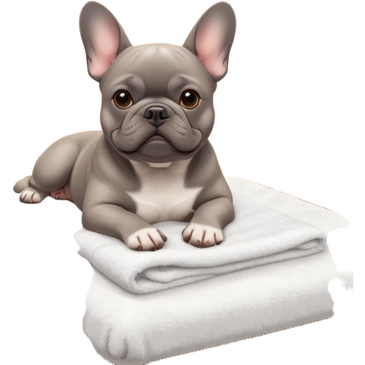 A gray French Bulldog lying relaxed on a professional massage table in a cozy spa room. Soft warm lighting, clean interior, gentle towels, peaceful atmosphere, detailed high-quality render, cute facial expression, realistic fur texture. emoji
