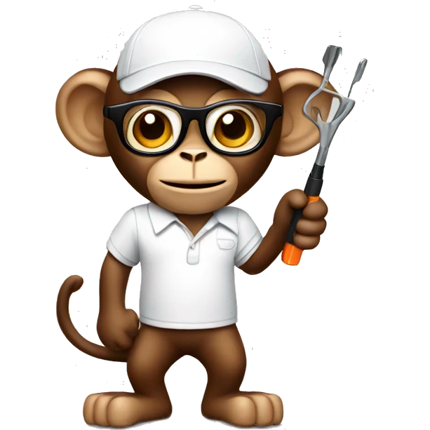 brown monkey in a white polo and white polo with glasses holding a screwdriver emoji