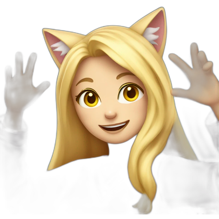 Catgirl with long blond hair yellow eyes in Choral pajamas waving emoji