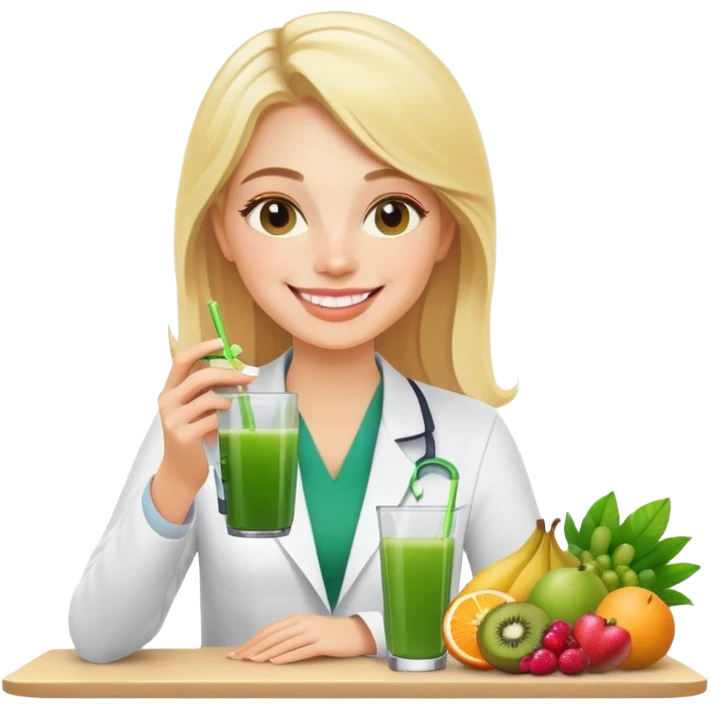 Create an emoji-style illustration of a young blonde nutritionist. She is smiling, sitting at a table with various fresh fruits, and holding a glass of green juice in her hand. The style should be simple, colorful, and friendly, resembling modern emoji aesthetics. emoji