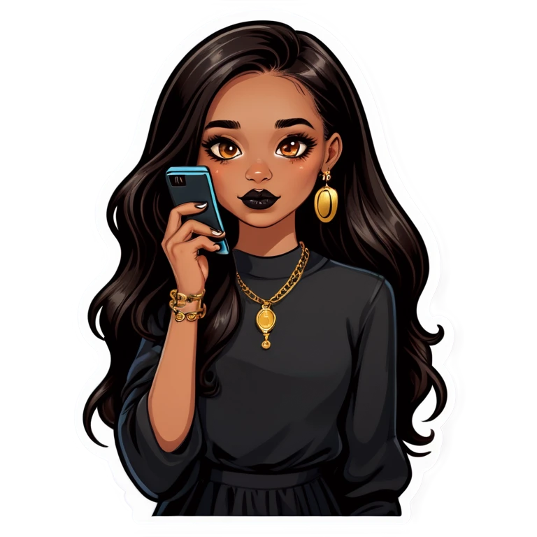 Beautiful young girl with dark choppy long hair flows as she holds her black phone with a gold septum ring that shines  emoji