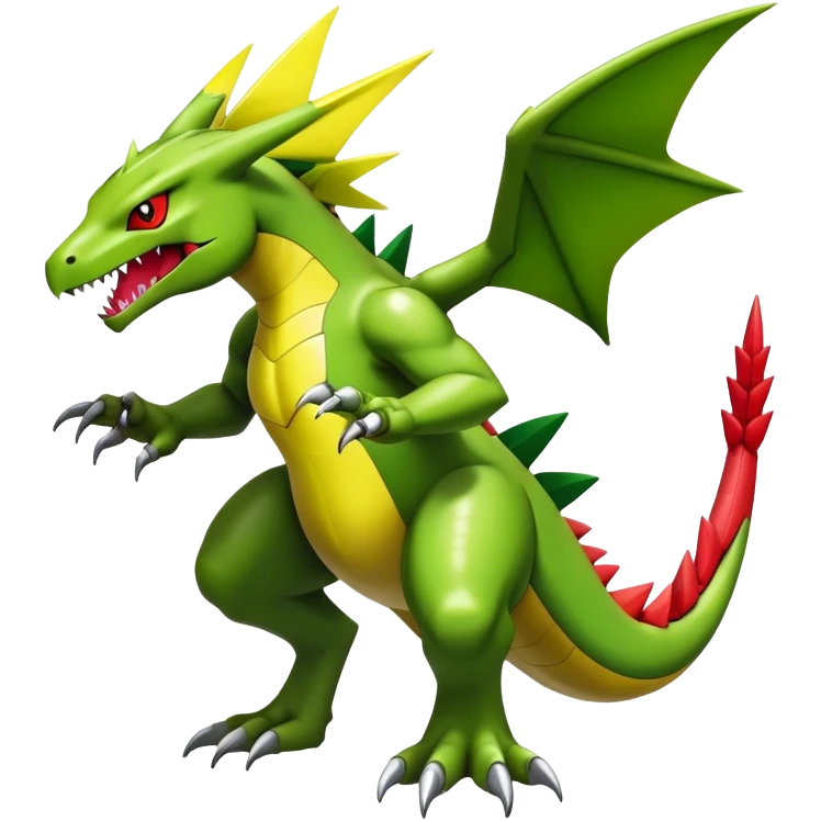 Cool edgy shiny futuristic Guilmon-Flygon-Tyranitar-Digimon-hybrid-fusion, yellow belly, full body emoji