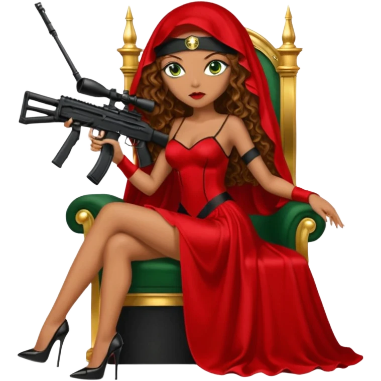 Drug dealer female green eyes symbol.  hair is brown curly long hair. sexy long with long red and black dress and face veil on that covers her mouth only. black stiletto platform high heels shoes on. Holding sniper rifle sitting on a gold throne. emoji