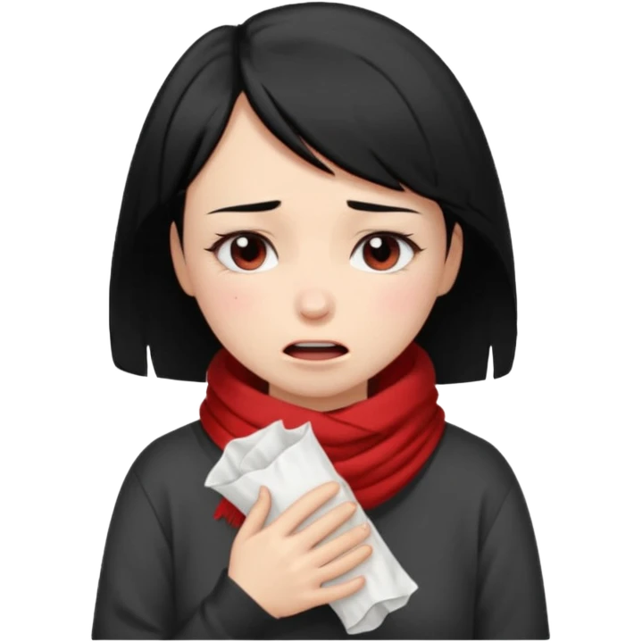 a pretty bratz fair girl crying in a loose oversized off white tshirt and red scarf with short black hair with a tissues in hand emoji