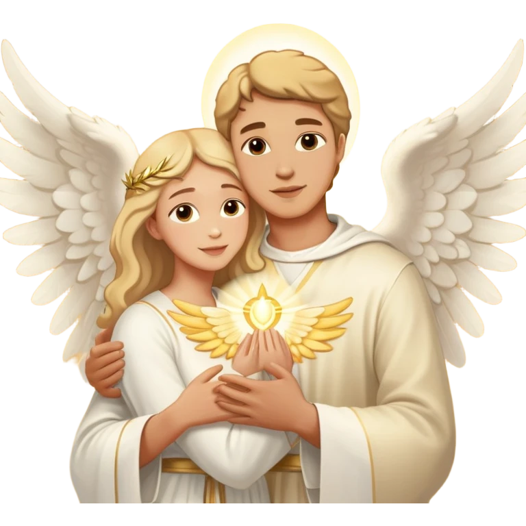 Angelic man holding a woman in his wings with sacred light emoji