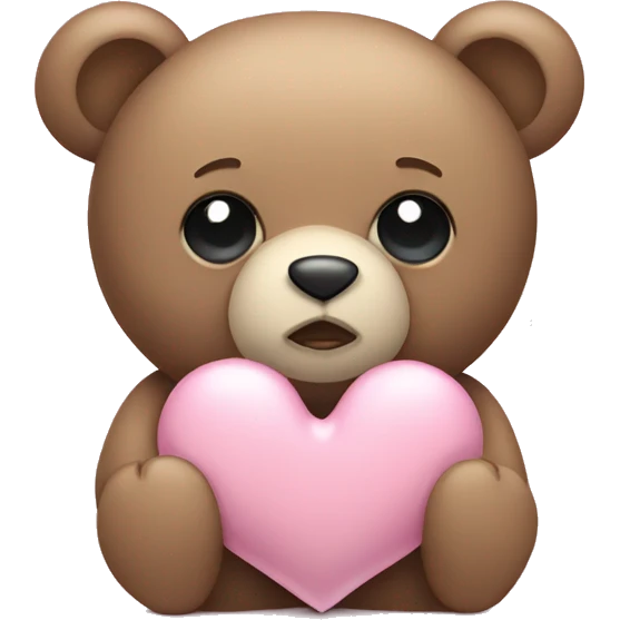 Teddy bear with sad eyes holding a pastel pink heart emoji