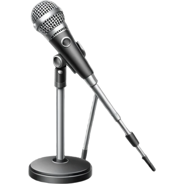 Minimalistic flat vector icon, iOS style, thin black contour on white background. Microphone on a stand with small spotlight rays. Clean, no text, no shadows emoji