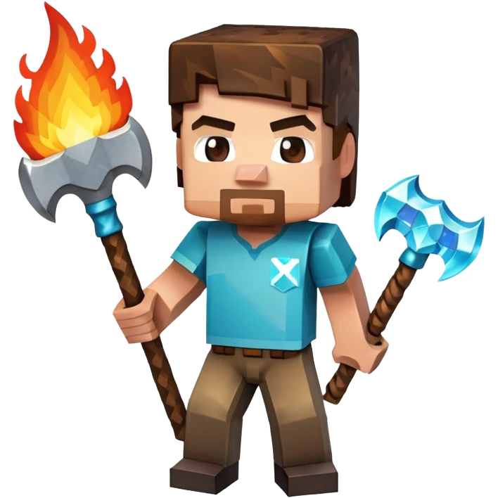 Minecraft Steve holding a Diamond Pickaxe (with hot flames on it) emoji