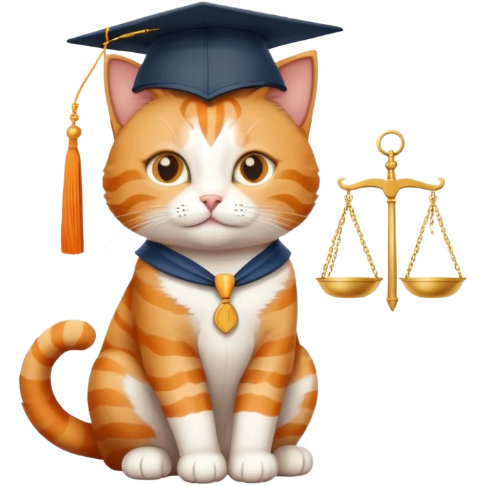 cat sitting, graduation cap on head, scales of justice in front emoji