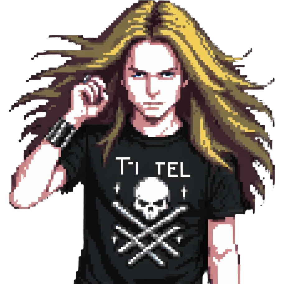 A person headbanging with long hair, wearing a metal band t-shirt emoji