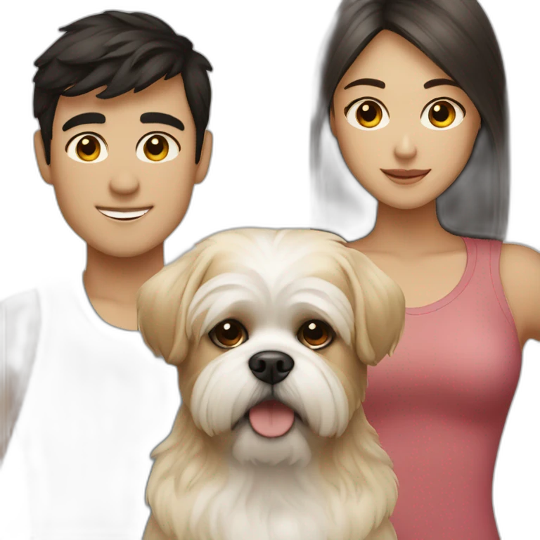 a dark hair boy with a blonde girl and a shih tzu emoji