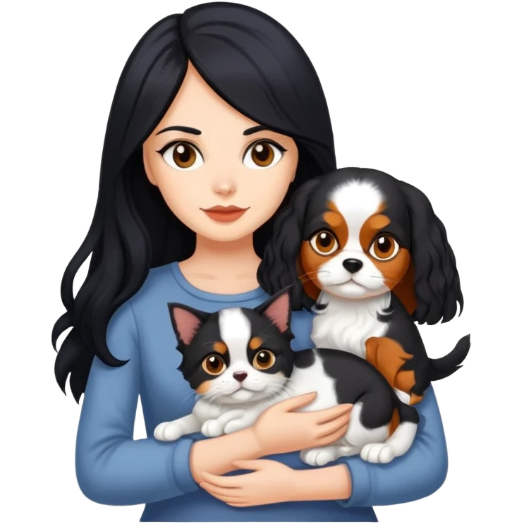 woman with long black hair holding an American Shorthair cat and a Cavalier King Charles Spaniel dog emoji
