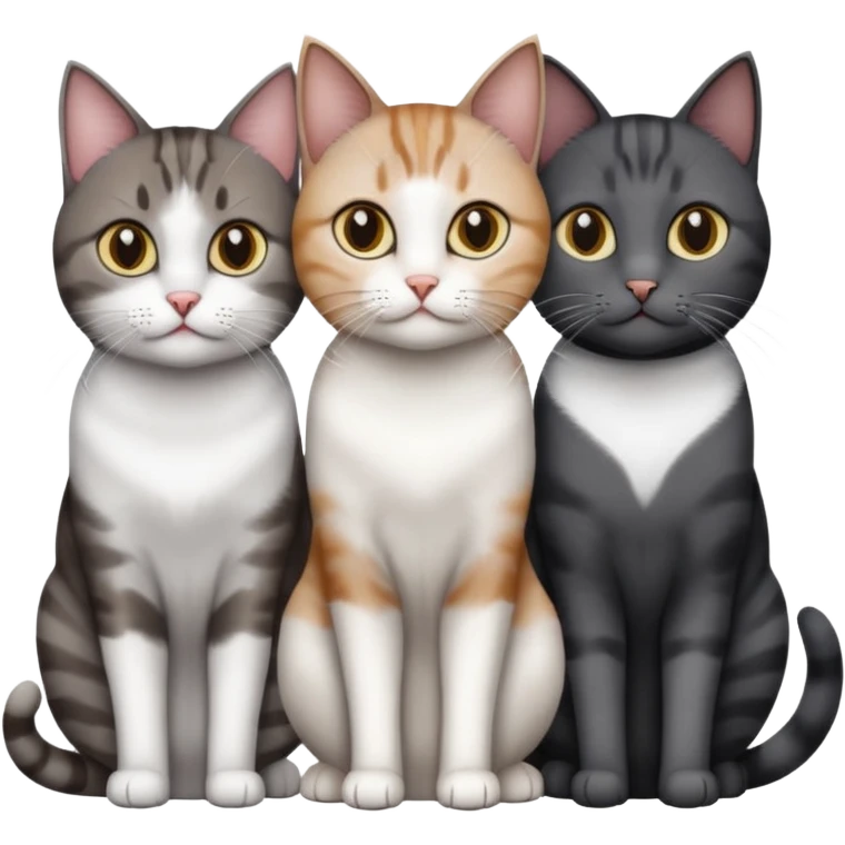 3 different coloured short haired cats including; a dark brown tabby and white cat, and a dark grey and white  emoji