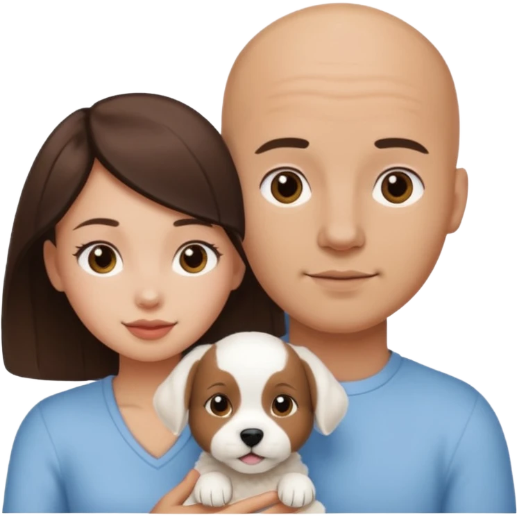 Bald guy with brunette girl and white puppy emoji