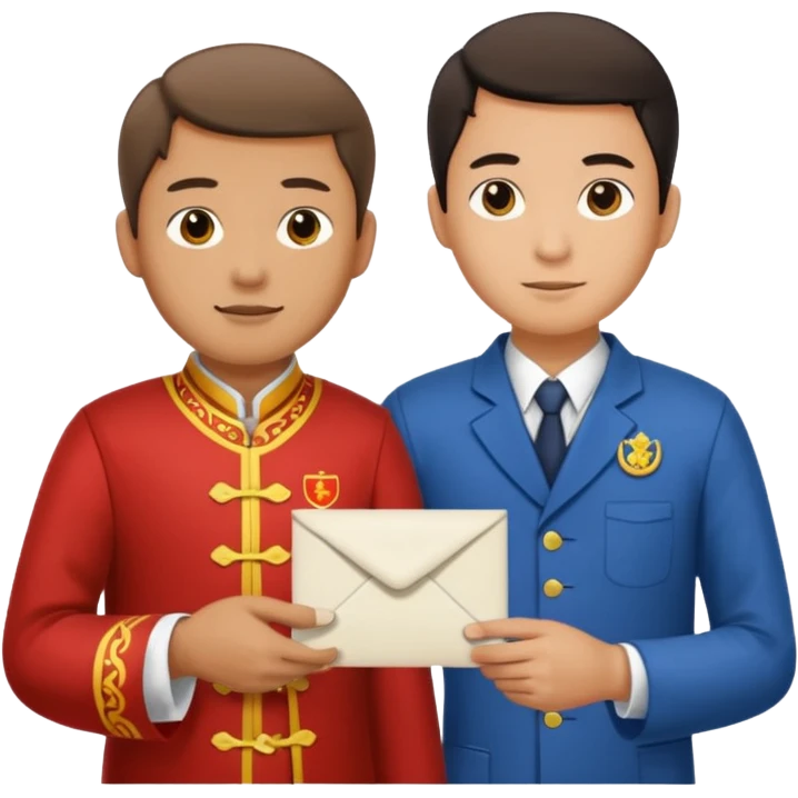 a university student with T-shirt handing letter to a old man official with chinese tunic suit emoji