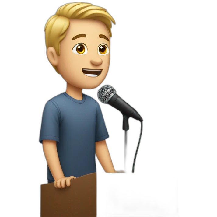 A white young man speaking on a stage with microphone emoji
