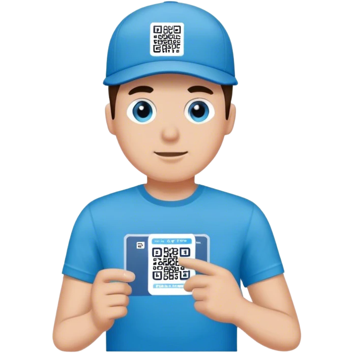 Man with pacific blue t-shirt that read a QRCODE in a ticket emoji