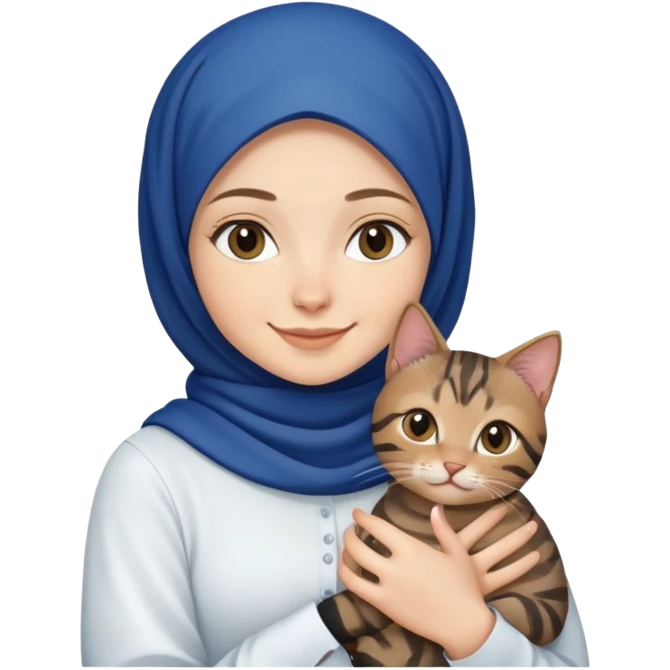 White girl wearing dark blue hijab with white shirt smiling while holding a black browntabby cat emoji