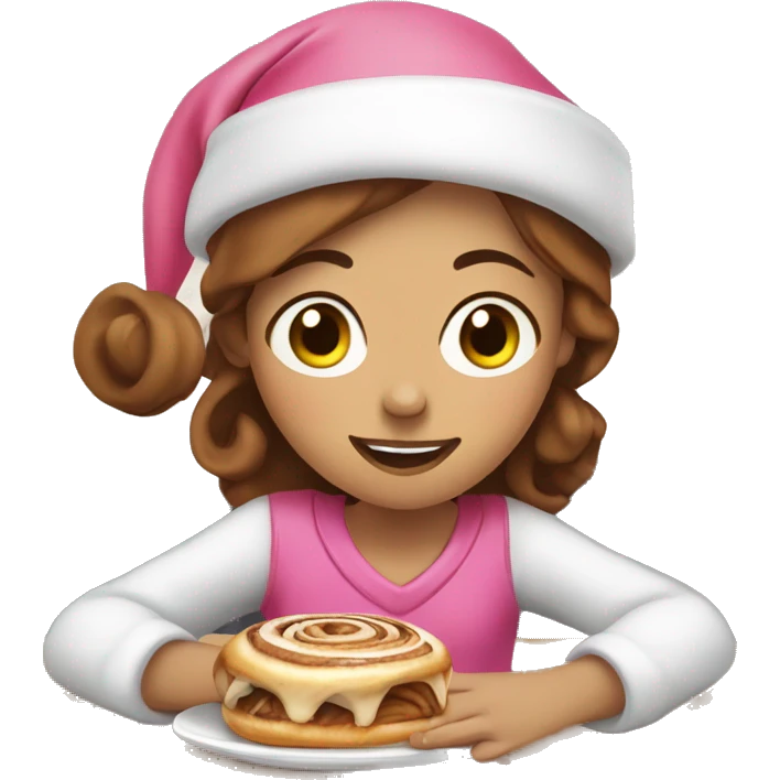 Girl with freckles and brown hair wearing pink santa hat and eating cinnamon roll emoji