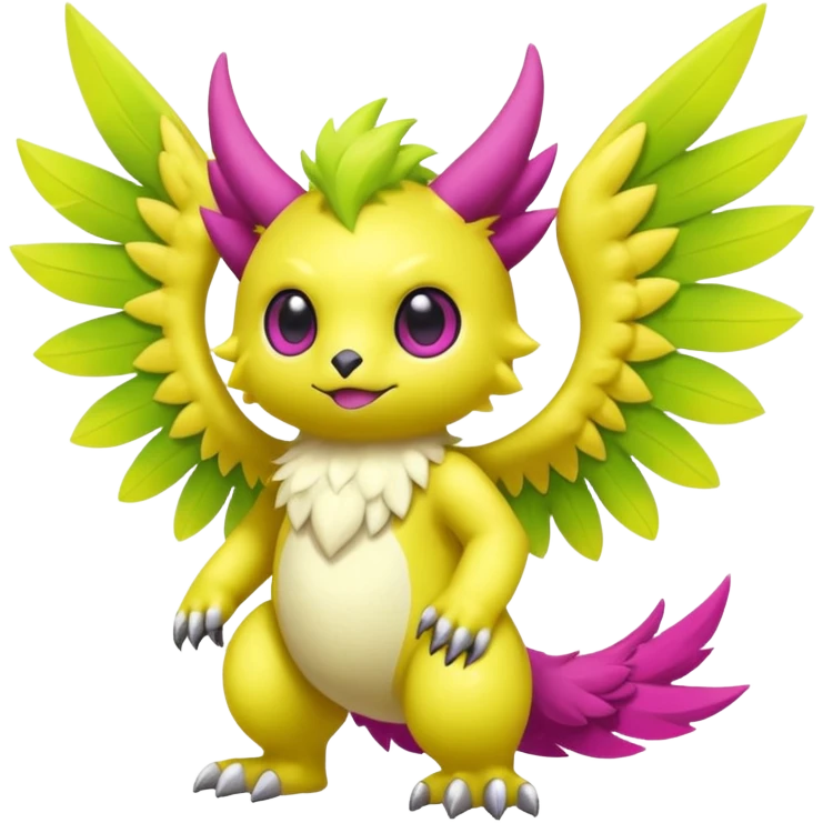 Lime-green and Yellow and Magenta furry cute kawaii winged Fakémon-Scalie-Digimon-creature (full body) emoji