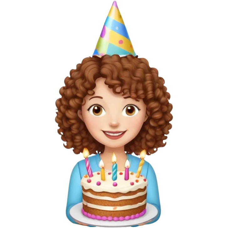 Happy birthday brown curly hair mom with cake funny emoji