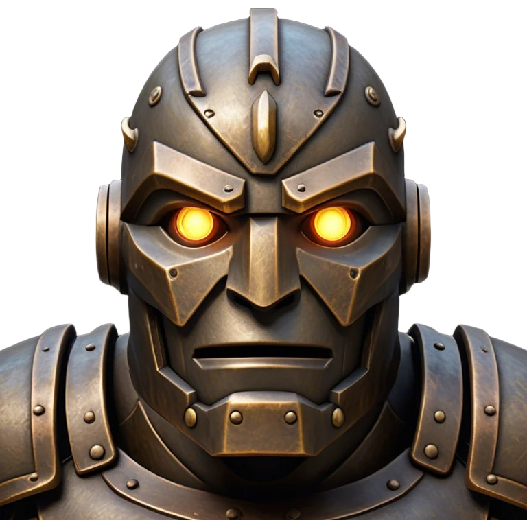 Cinematic Noble Mighty Iron Golem Portrait Emoji Poised and imposing, with a towering, metallic form forged from intricately detailed plates of burnished steel and ancient bronze, etched with faint traces of runes and weathered marks of time. Its piercing, glowing eyes radiate unwavering resolve, casting a solemn and commanding presence; rendered with lifelike texture and natural metallic highlights, high shine, elegant yet indomitable, styled with an aura of legendary endurance, focused and resolute, soft glowing outline, capturing the essence of an eternal guardian, standing vigilant and immovable as if ready to awaken at any moment with unstoppable might! emoji