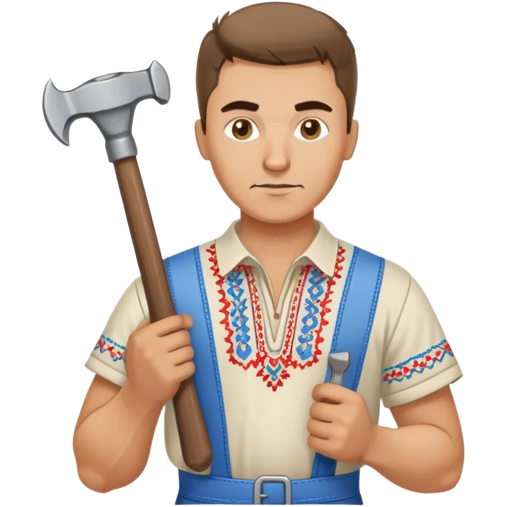 Ukrainian man wearing traditional embroidered vyshyvanka shirt holding construction tools like hammer and wrench emoji