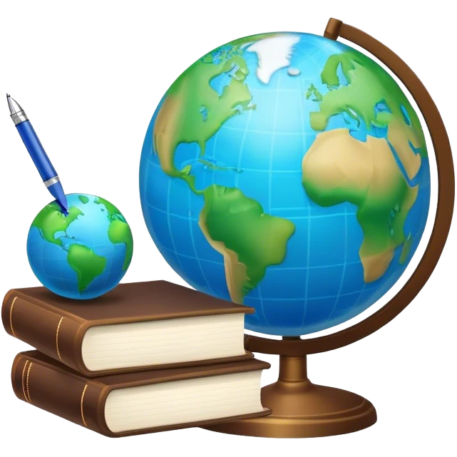 Create an emoji representing language translation. The design should feature just one globe in the background, symbolizing international communication. In front of the globe, place two books or sheets of paper with texs on them and a pen nearby to indicate the act of writing. Use a clean and professional color palette with blues, greens, and neutral tones. Make the background transparent. emoji
