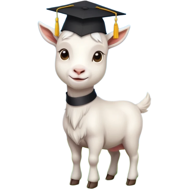 cute white goat with black graduation cap, standing on green grass under bright blue sky, proud and confident emoji
