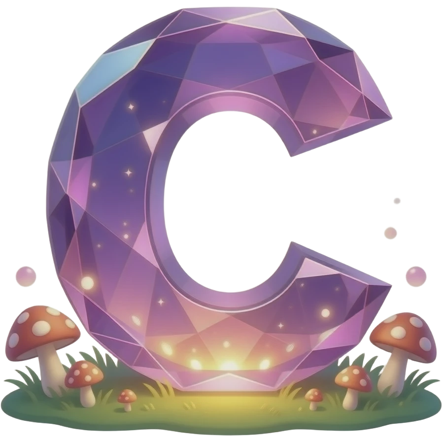 A letter 'C' carved out of a singular, transparent Amethyst crystal, internal glowing magical light, surrounded by soft glowing mushrooms, magical realism style, detailed, 3D, shimmering particles, fantasy illustration emoji