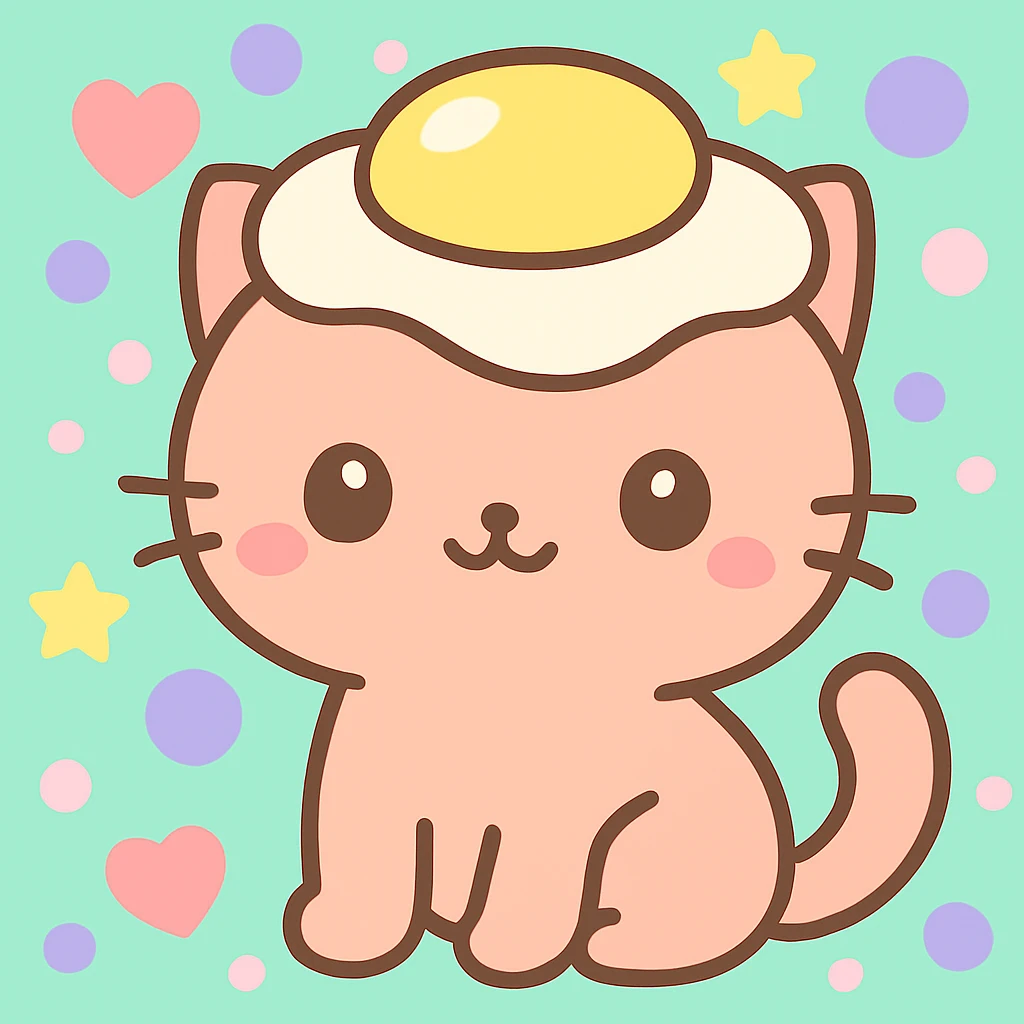 Add a playful, colorful background behind the cartoon cat with a sunny side up egg as a hat, in kawaii style. emoji