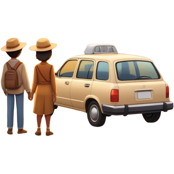 A parked car rests on the side of a long with a person outside , empty road stretching toward a golden sunset. The sky glows with warm colors, and the landscape ahead feels open, peaceful, and full of promise. emoji
