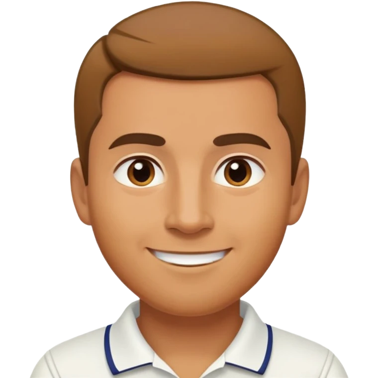 caramel brown Chindian male tennis coach, short straight hair with widow's peak, oval face, small eyes, smiling emoji