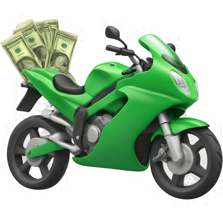 Green motorbike with horse riding it, with flying money emoji