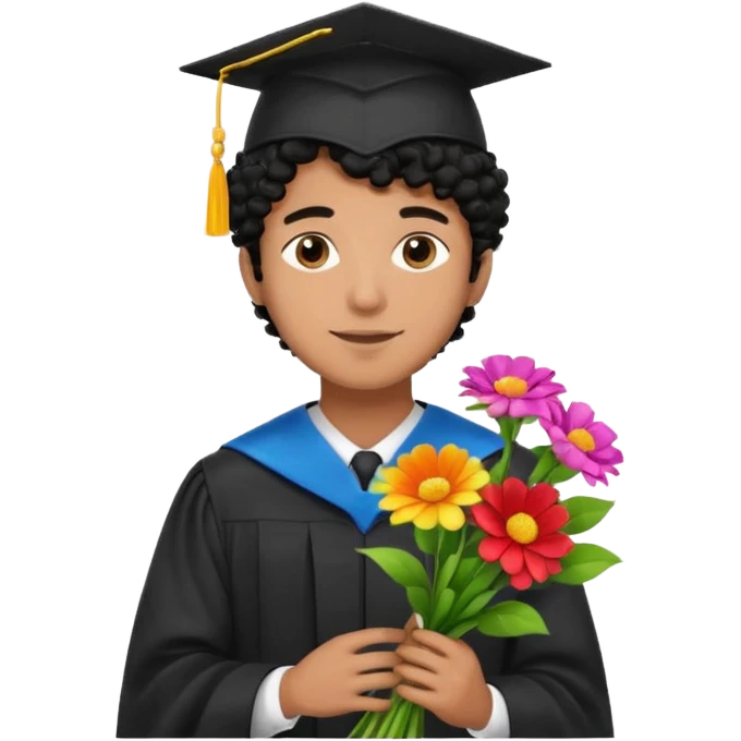 Graduated Students, Male,  brown skin, black curly hair, wearing graduation cap, holding bouquet of flowers
 emoji