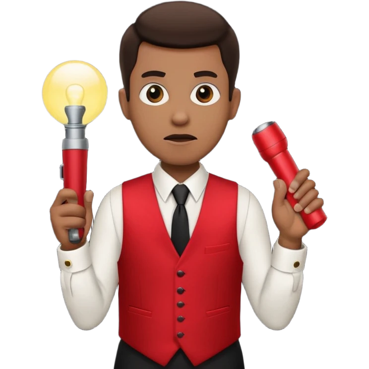 Movie theatre usher in red vest and black tie with flashlight looking scared emoji