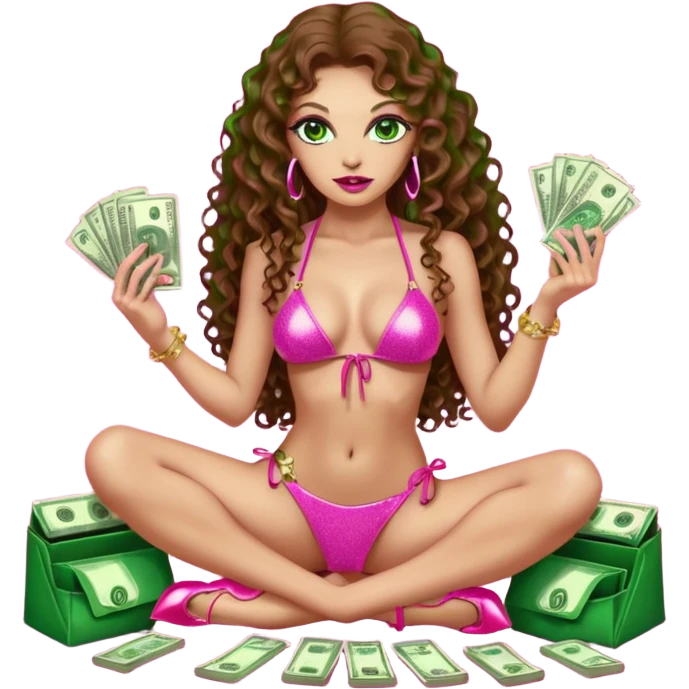 Sensual woman green eyes brown long curly hair evil occult,with 7 inch platform stripper high heels pink bikini with glitter dress, holding a wad of cash, sitting on a light skinned pimp lap emoji