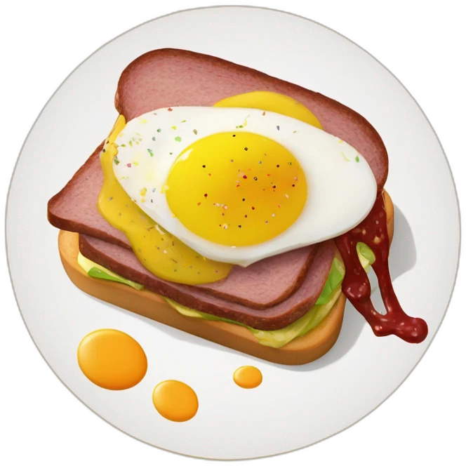 Pastrami and cheddar cheese sandwich with pickles and mustard in a brioche bread with a whole boiled egg on the top which is sprinkled with confetti emoji