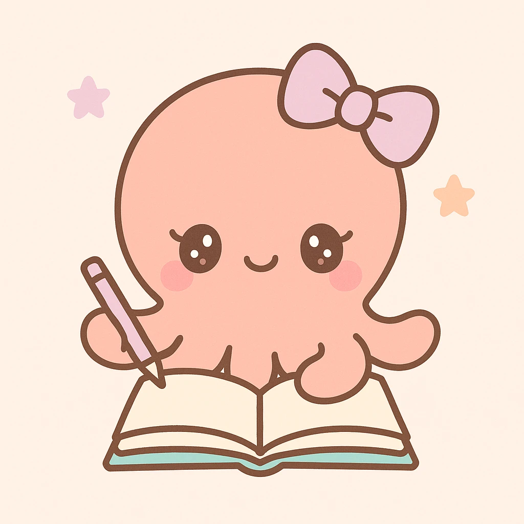 female octopus studying, cute kawaii style emoji